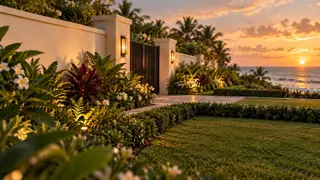 A landscaped coastal entrance at sunset