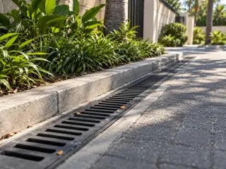 Stormwater drainage grate alongside a landscaped path